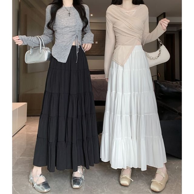 Tiered Waist Elastic Midi Plain A-Line Skirt