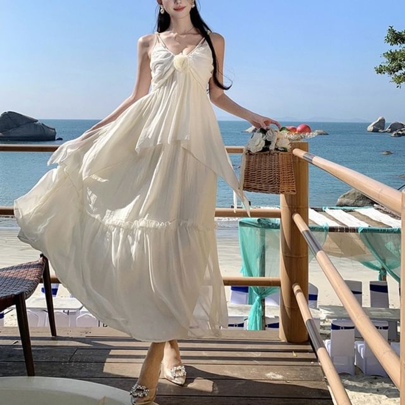 Trim Strap Dress A-Line Spaghetti Ruffle Plain V-Neck Maxi