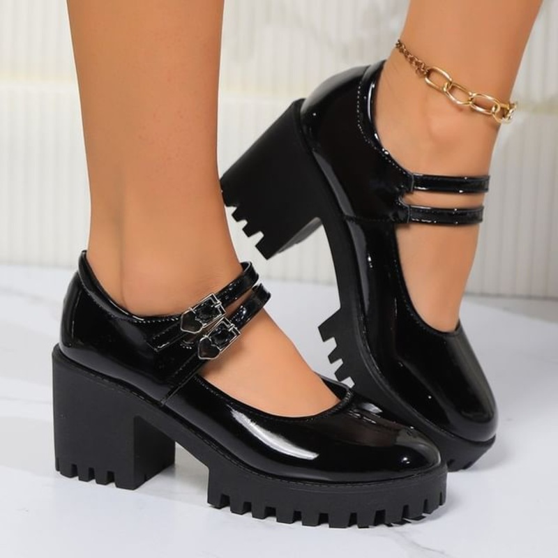 Patent Platform Pumps Block Jane Heel Leather Mary