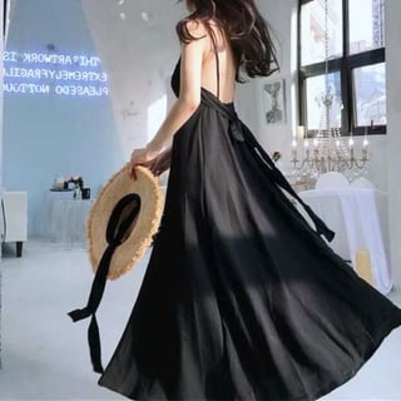 Spaghetti Plain Back Strap Sundress Open Maxi