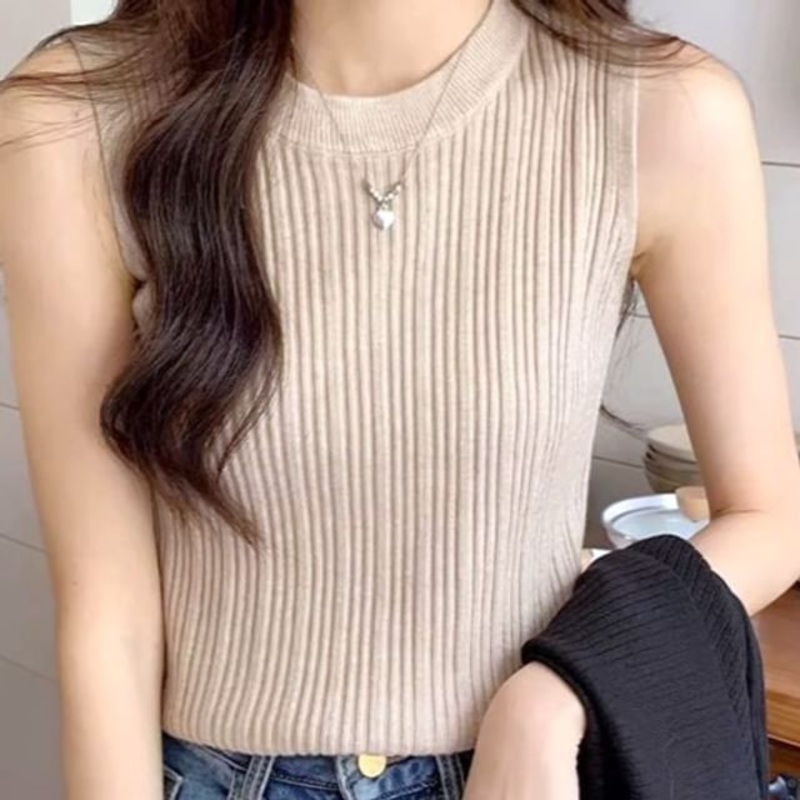 Top Ribbed Knit Plain Neck Tank Crew