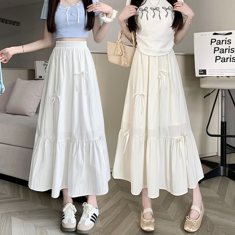 Accent High Bow Midi A-Line Skirt Plain Rise