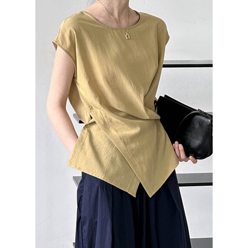 Asymmetrical Fine Short Top Solid Yellow Sleeve