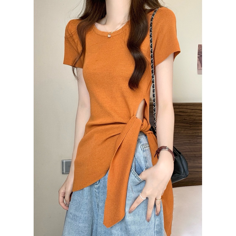 Asymmetrical Yellow Top Summer Out O-Neck Slim Bow Fit Hollow