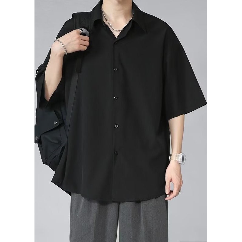 Black Button Solid Half Peter Collar Ice Pan Shirt Silk Mens