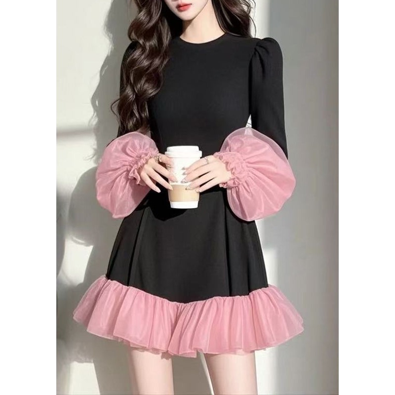 Black Dresses Puff Casual Sleeve Vacation Patchwork Mid Tulle