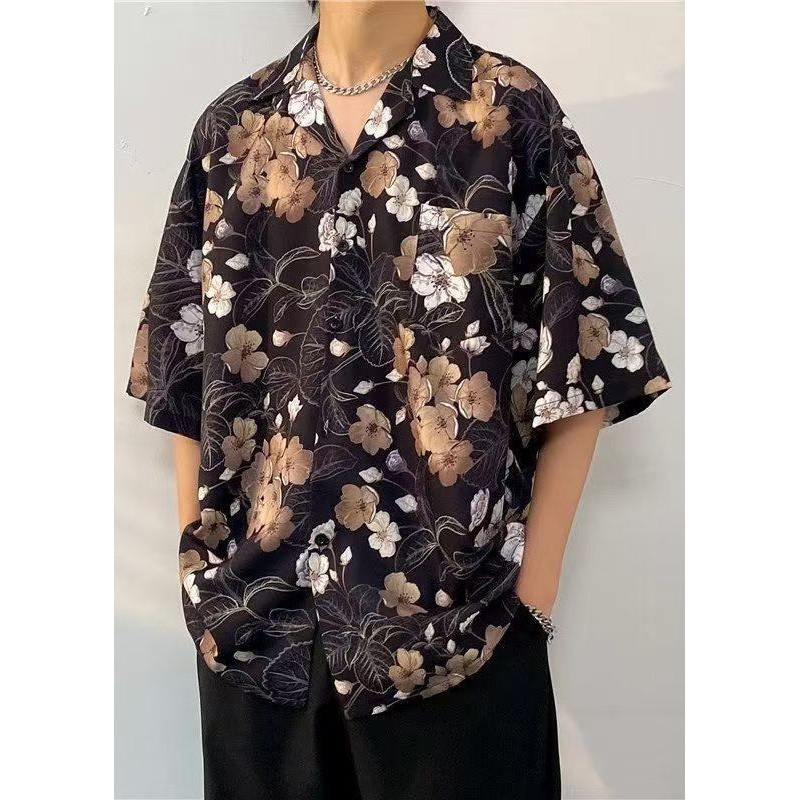 Black Pockets Print Shirts Collar Cotton Mens Half Peter Pan
