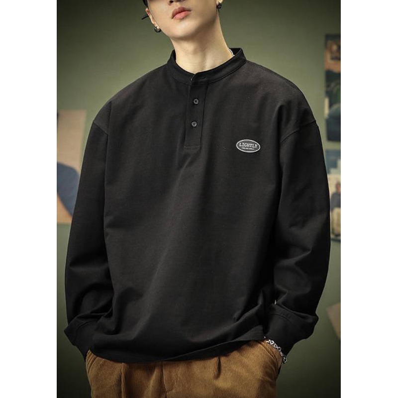 Black T Shirt Simple Cotton Button Spring Solid Men