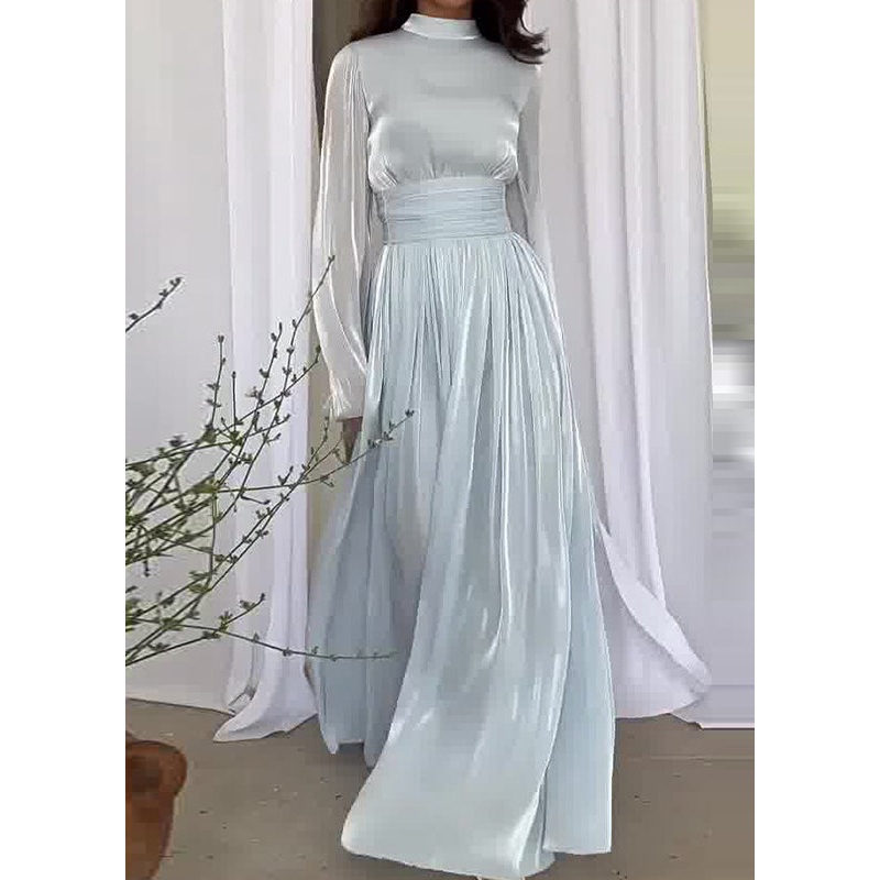 Blue Dresses Spring Patchwork Silk Wrinkled French Light Long