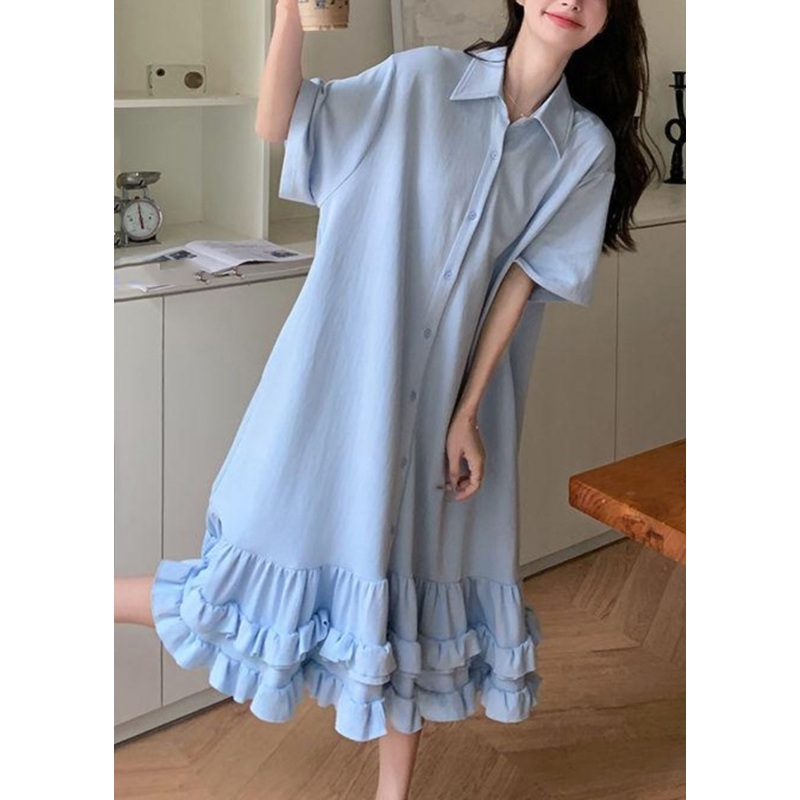 Blue Peter Dress Women Pan Maxi Collar Short Patchwork Ruffled