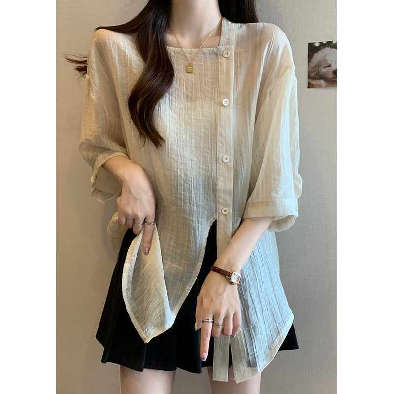 Bracelet Collar Apricot Sleeve Chic Button Chiffon Shirt Square