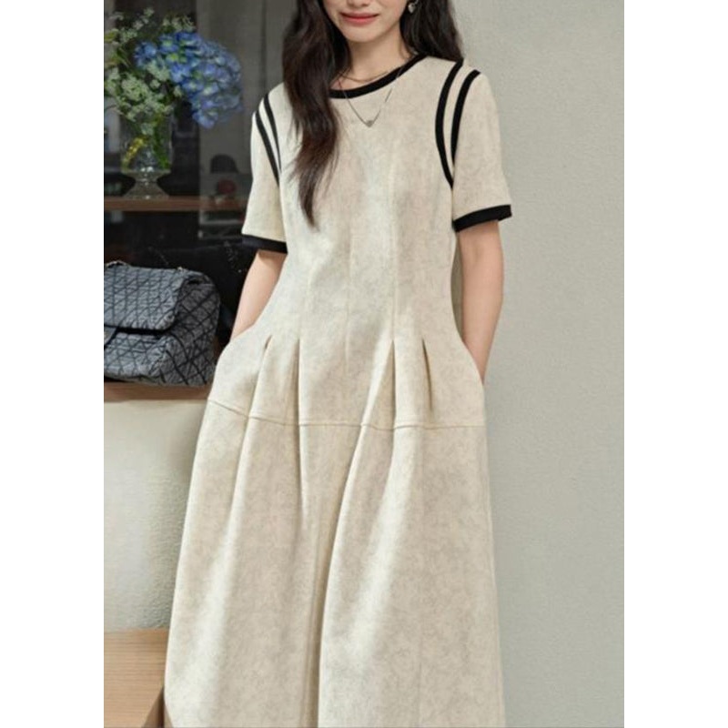 Brief O-Neck Light Wrinkled Grey Summer Dresses Patchwork Maxi