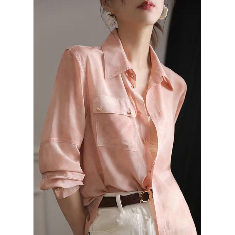 Button Chic Chiffon Pink Pan Collar Peter Top Spring Blouse