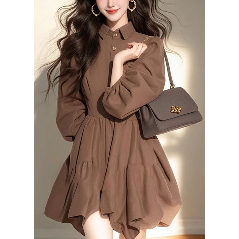 Button Peter Classy Coffee Mid Dress Patchwork Collar Pan Half