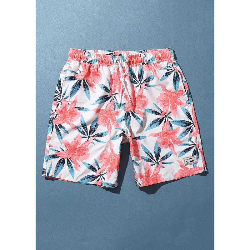 Casual Shorts Summer Pockets Print Cotton Waist Elastic Mens Pink