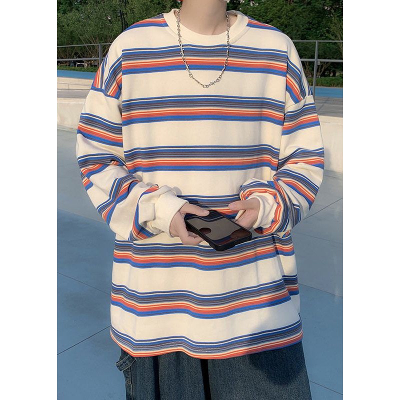 Casual Striped Men Shirt Spring Red O-Neck Cotton T