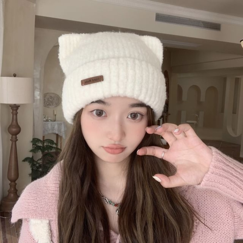 Cat Knit Ear Beanie|Beige|Black|Coffee|Gray|Khaki|Navy Blue|Pink|White|One Size