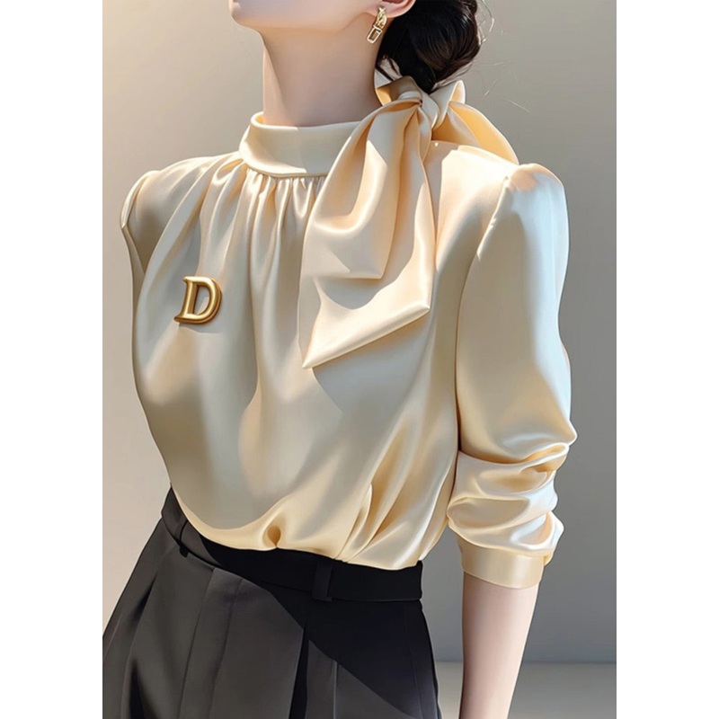 Champagne Blouse Top Silk French Spring Bow Collar Stand