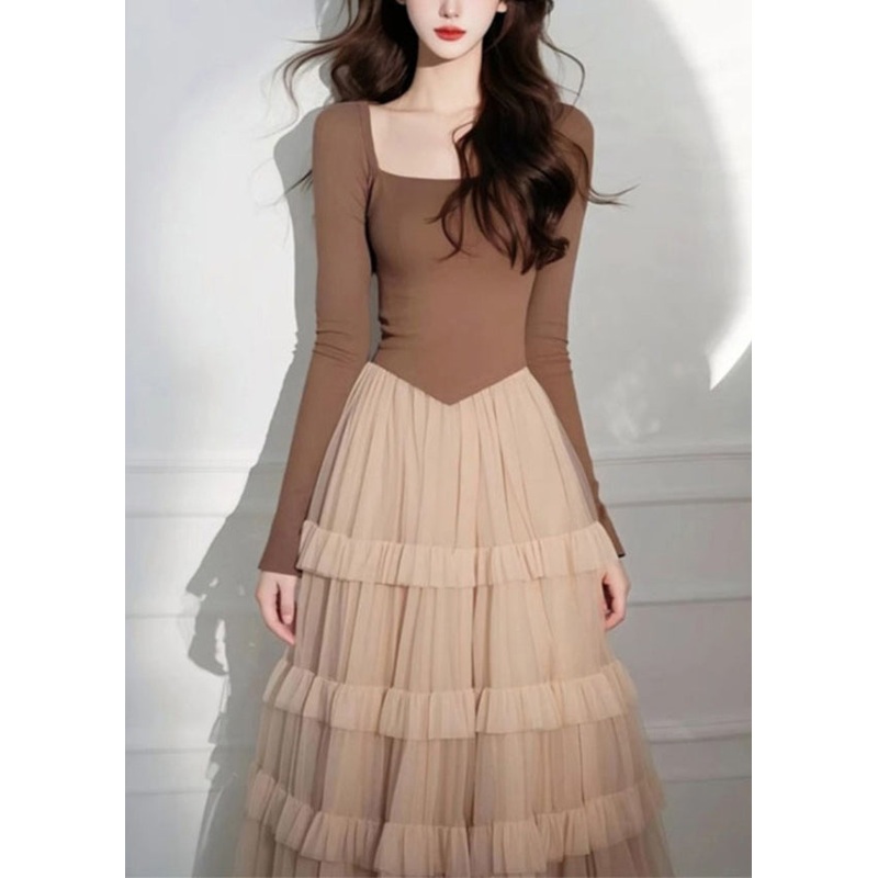Collar Patchwork Coffee Dress Square Tulle Long Elegant Cake