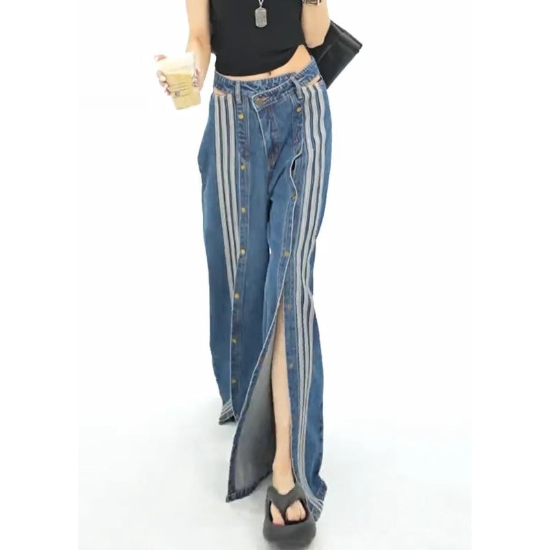 Denim Wide Side Open Stylish Leg Pockets Pants Spring Blue