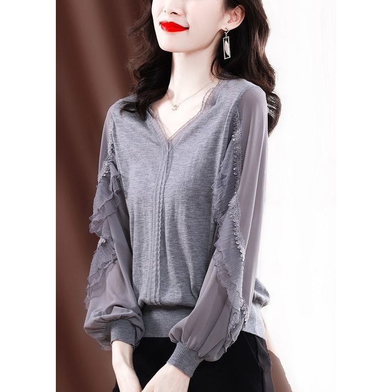 Fine Grey Shirt Patchwork Knit Tulle Spring Ruffled