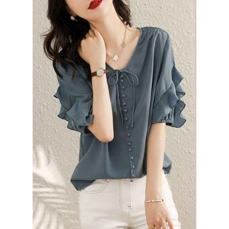 Fine V Summer Blue Ruffled Patchwork Shirts Neck Chiffon