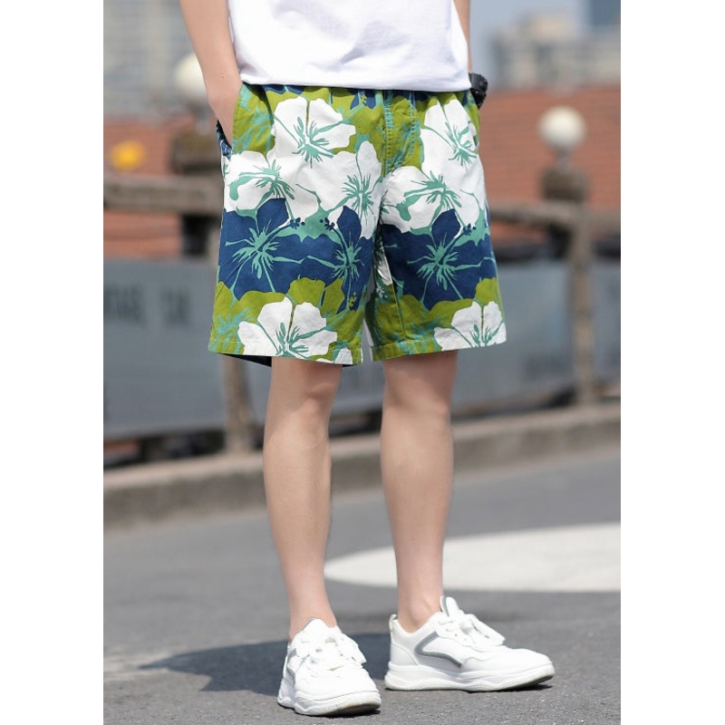 Green Men Chic Shorts Summer Print Cotton Pockets