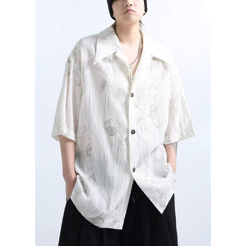 Half Sleeve White Print Mens New Wrinkled Shirts Cotton