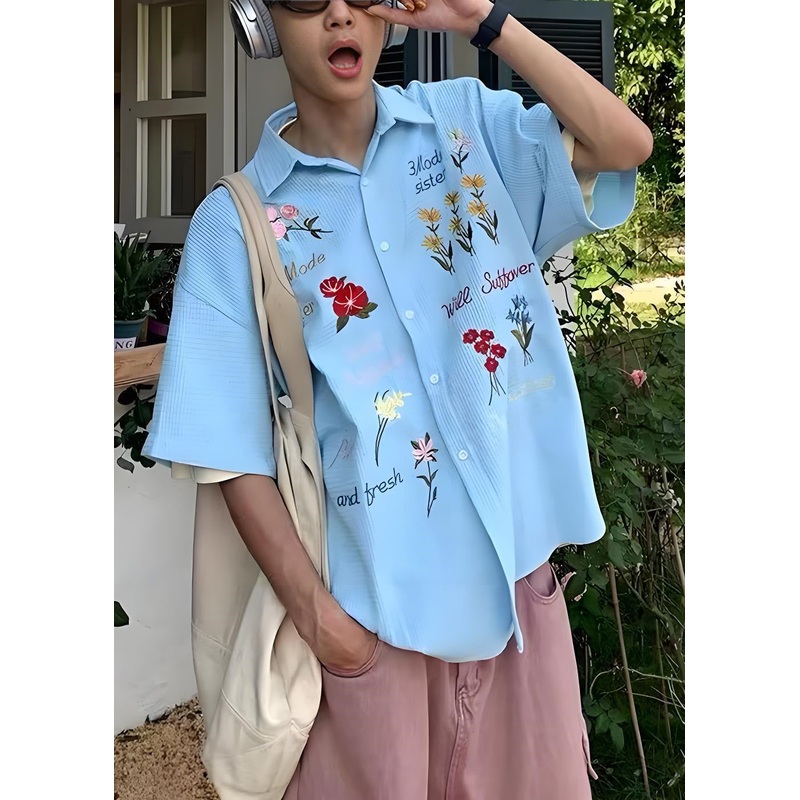 Handmade Embroideried Plaid Cotton Blue Mens Shirt Summer