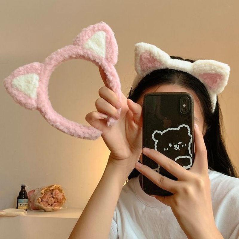 Headband Chenille Ear Cat|Bear – White|Cat – Pink|Cat – White|One Size