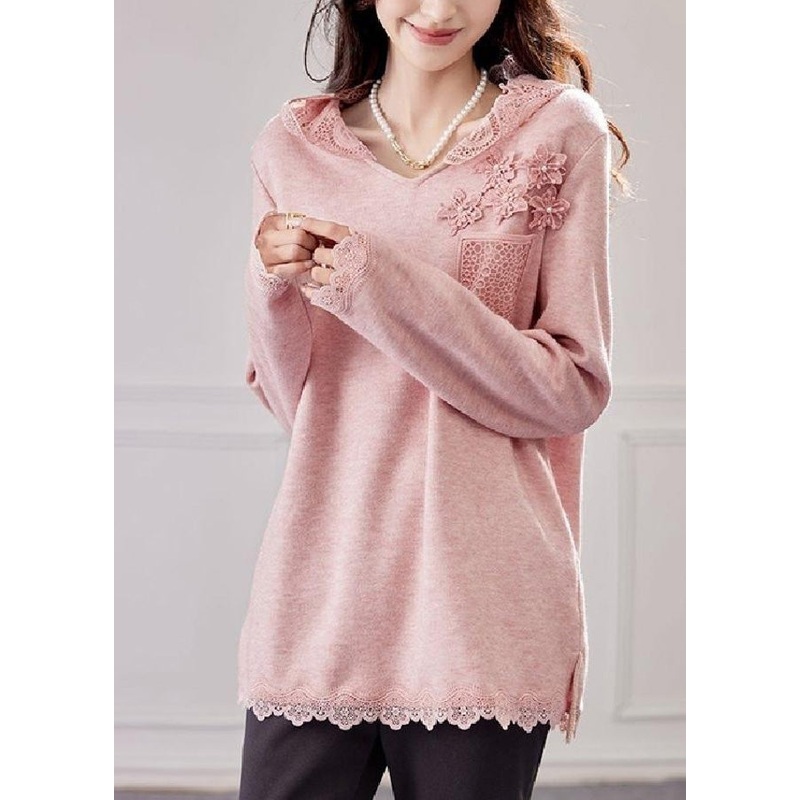 Knit Hooded Shirt Lace Patchwork Tops Spring Pink Loose