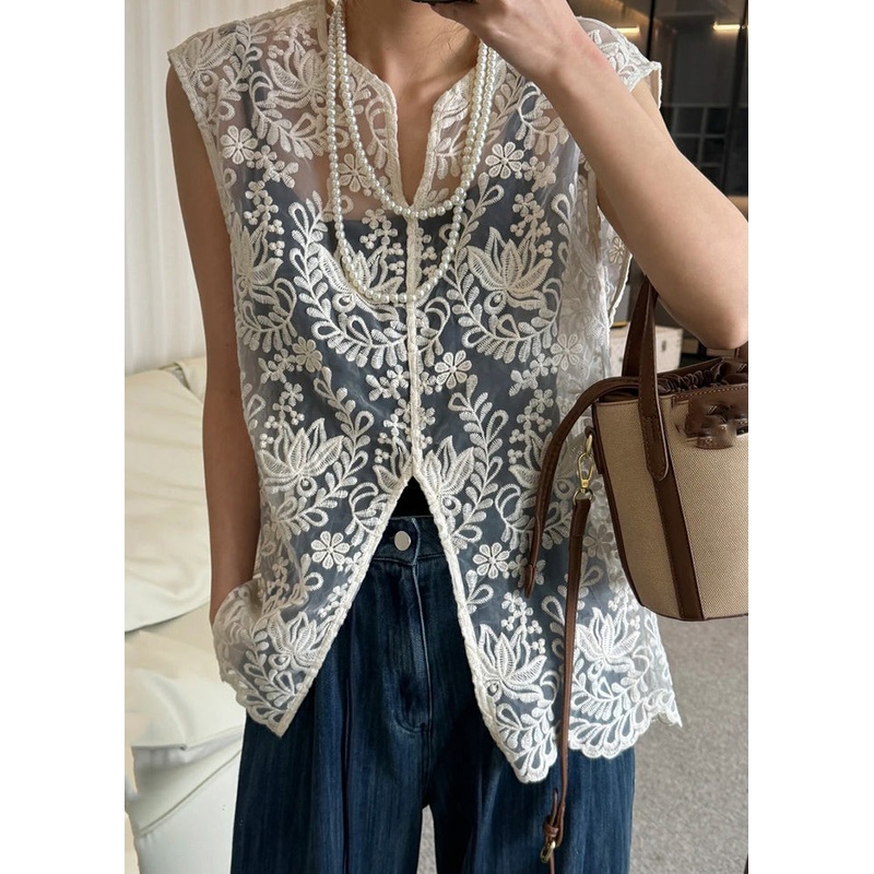 Lace V Tops Apricot Hollow Jacquard Sleeveless Out Neck