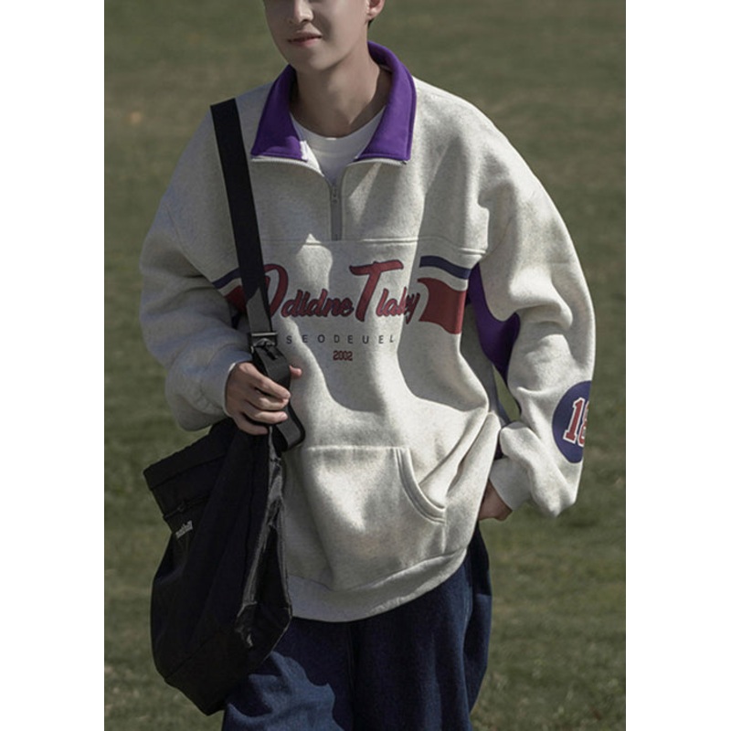 Loose Spring Sweatshirt Grey Men Cotton Zippered Pockets Print
