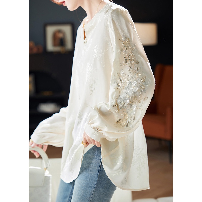 Neck V Bead Shirt White Chiffon Sequins Spring Nail Boutique
