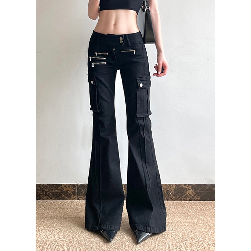 Patchwork Flared Zippered Fashion Pockets Denim Black Waist High