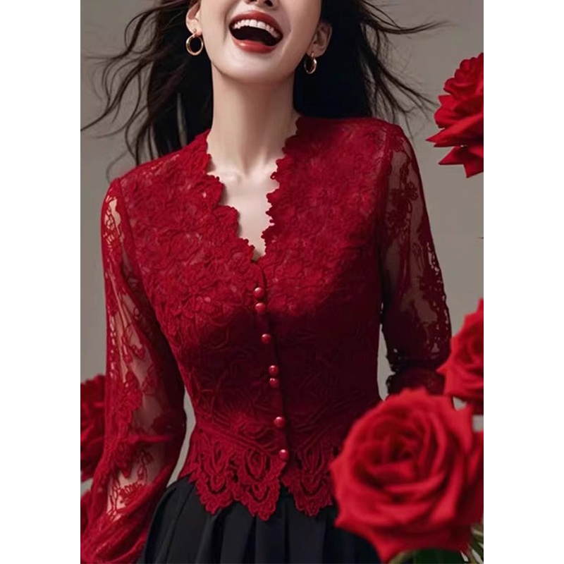 Red Spring French Slim Neck Shirt Lace Fit V Tops
