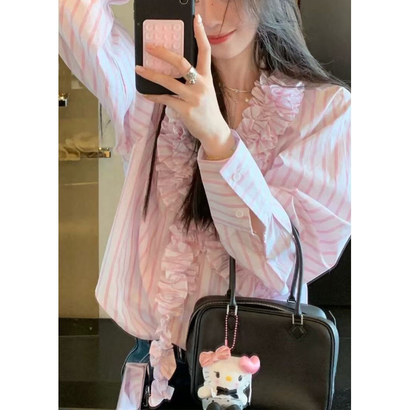 Ruffled Cute Pink Spring Shirts Neck Striped V