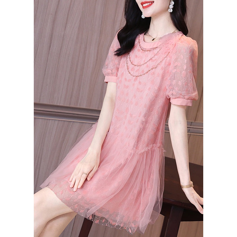Ruffled Sleeve Patchwork Tulle Pink Mid Art Party Short Dress