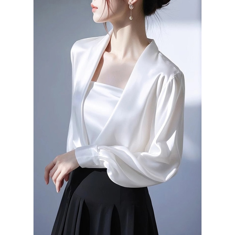 Satin Neck Classy White Shirt Spring Solid V