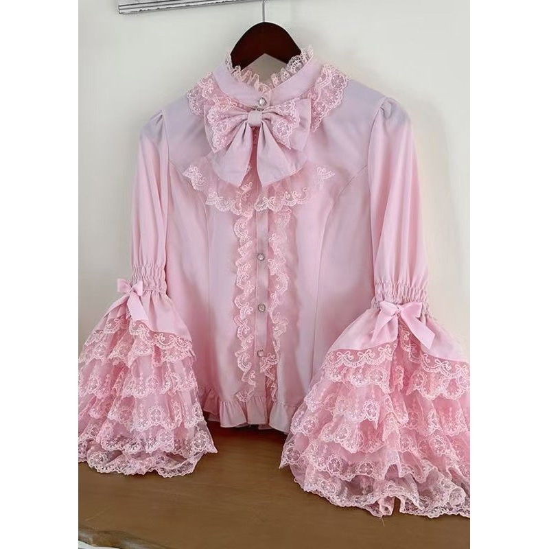 Shirt Design Original Lace Sleeve Flare Sweet Pink Patchwork