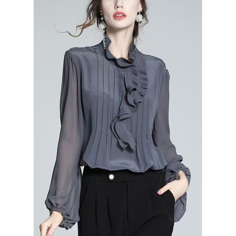 Shirts Women Ruffled Grey Chiffon Spring Patchwork Blue