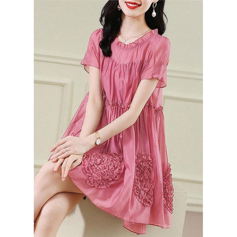 Short Fashion Floral Sleev Chiffon Red Mid Ruffled Dresses
