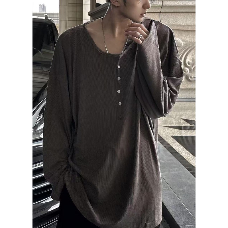 Simple T Cotton Spring Coffee Neck Button Solid Shirts Mens O