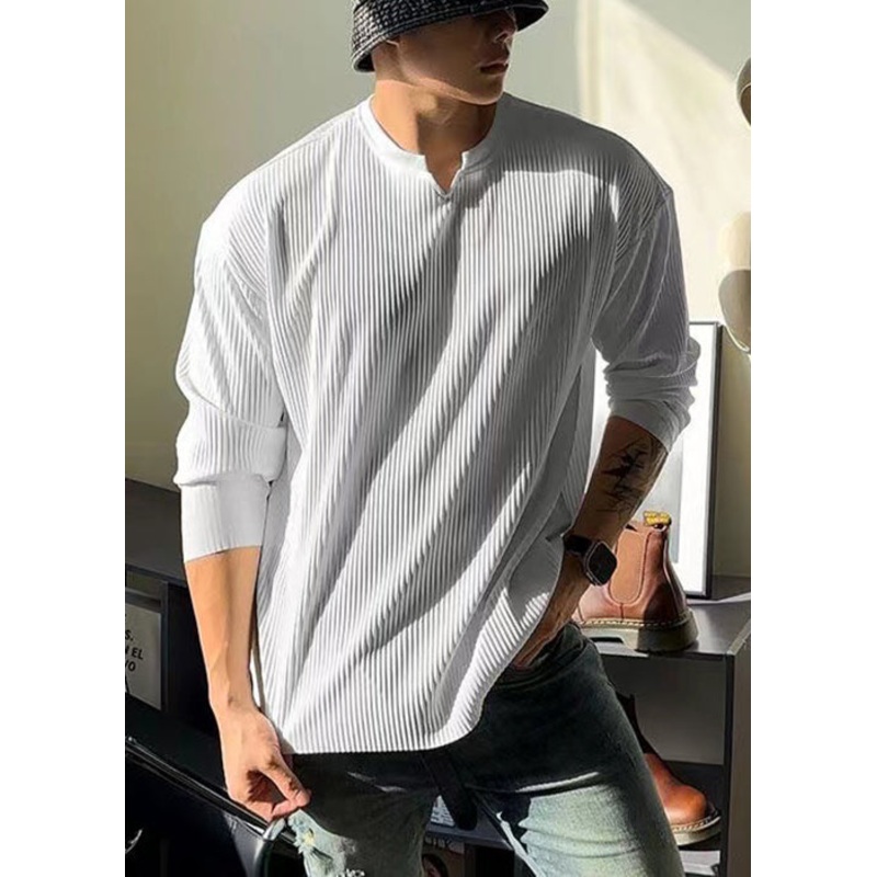 Simple White V T Spring Men Solid Cotton Neck Shirt