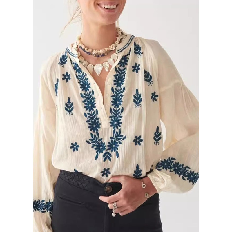 Sleeve Cotton Embroidered Puff Beige New Shirt Top