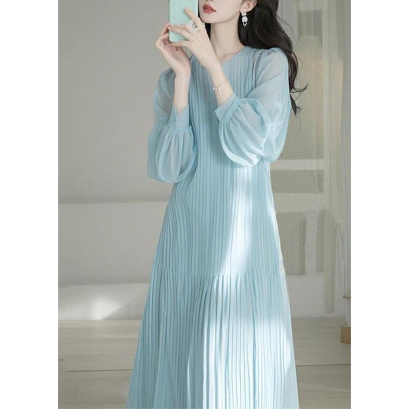 Spring Blue Maxi O-Neck Cute Light Dresses Cinched