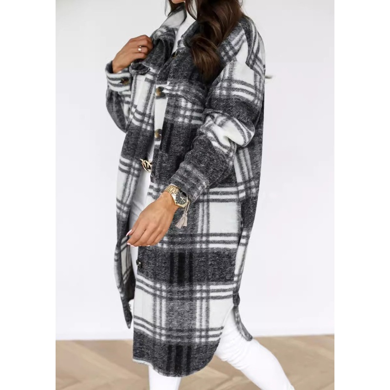 Spring Coat Woolen Peter Collar Casual Black Plaid Pan Shirts