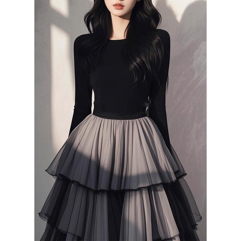 Spring Dress Handmade Patchwork Black Tulle Wrinkled Long