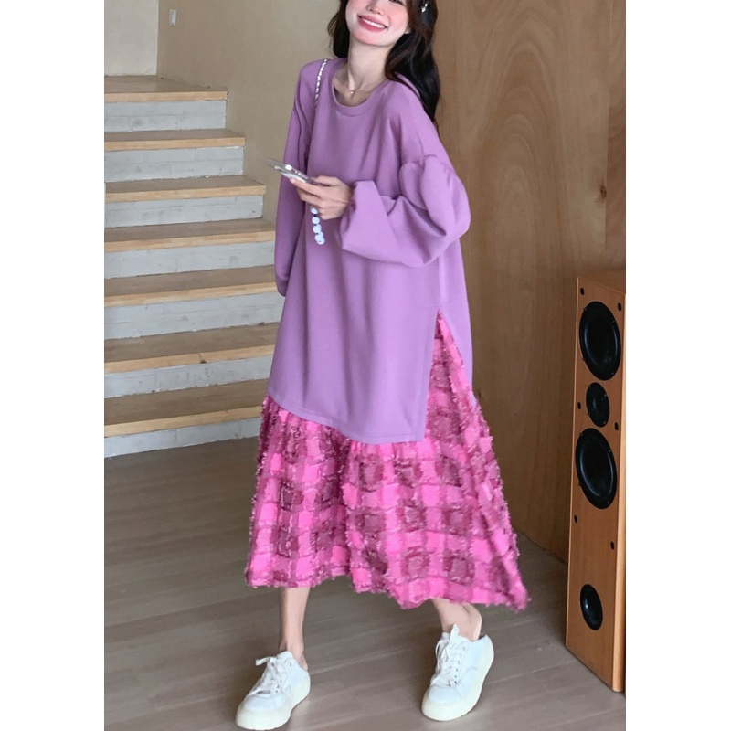 Spring Plaid Dress Maxi O-Neck Loose Purple