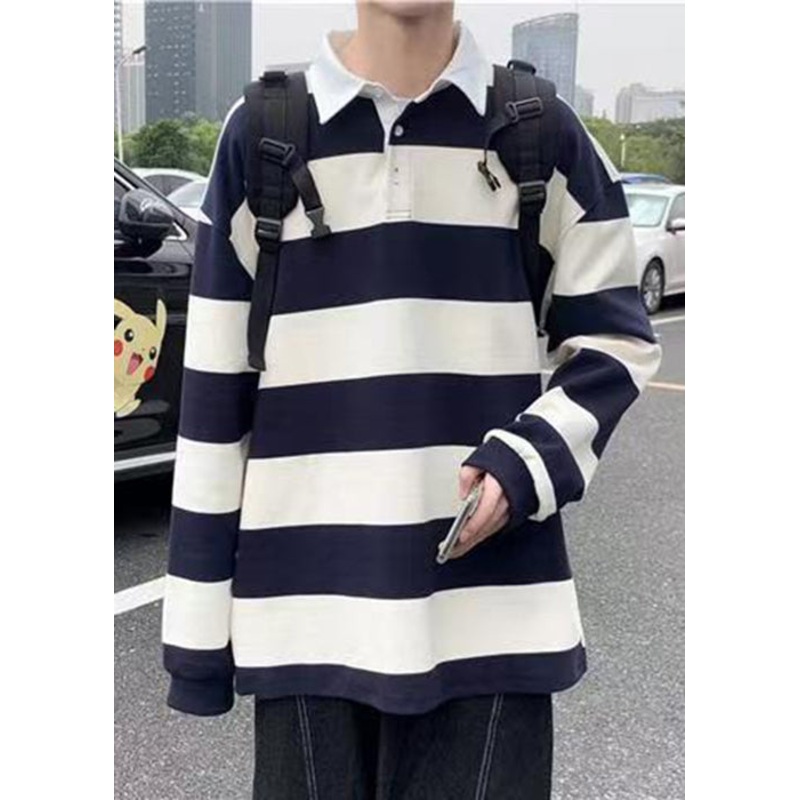 Spring White Button Cotton Polo Mens Striped Shirts